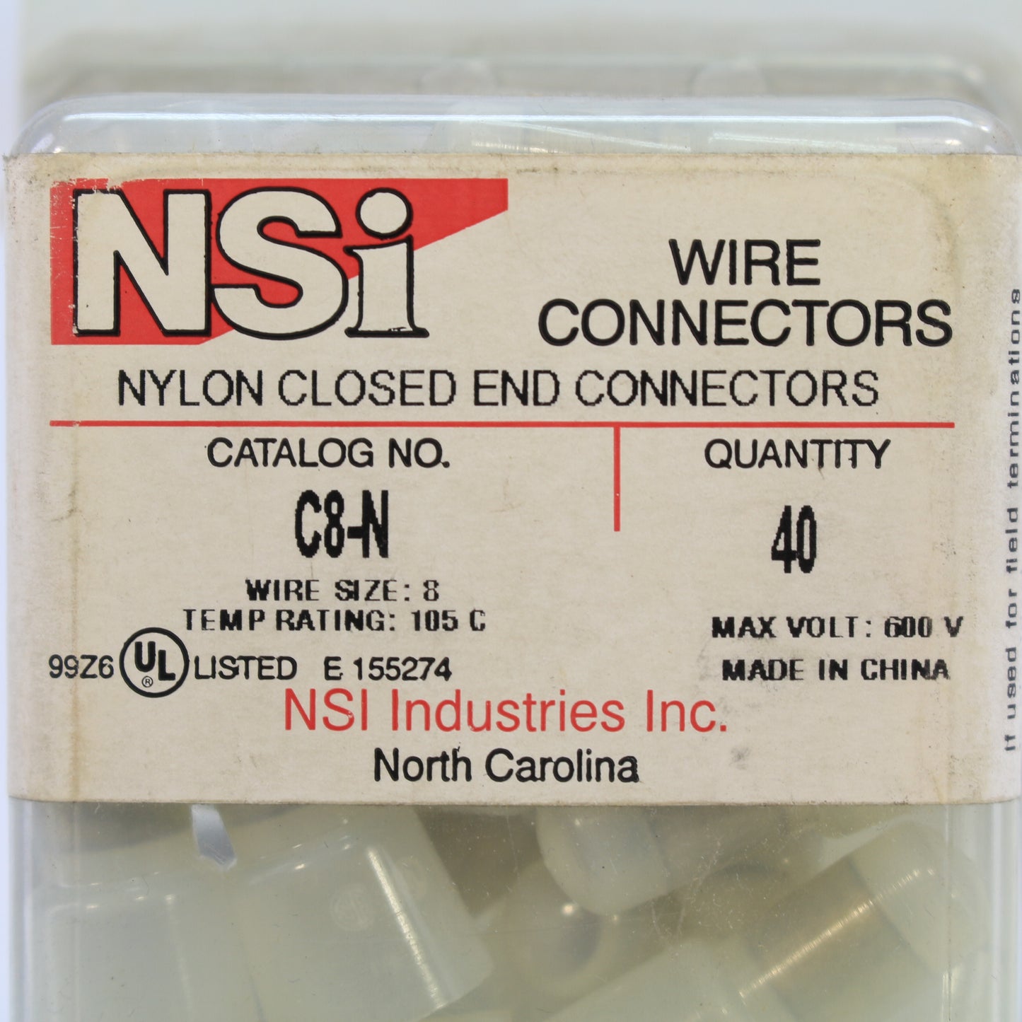 40 NSI White Easy-Twist Closed End Connectors Nylon 16-10 AWG 600V 105 C C8-N