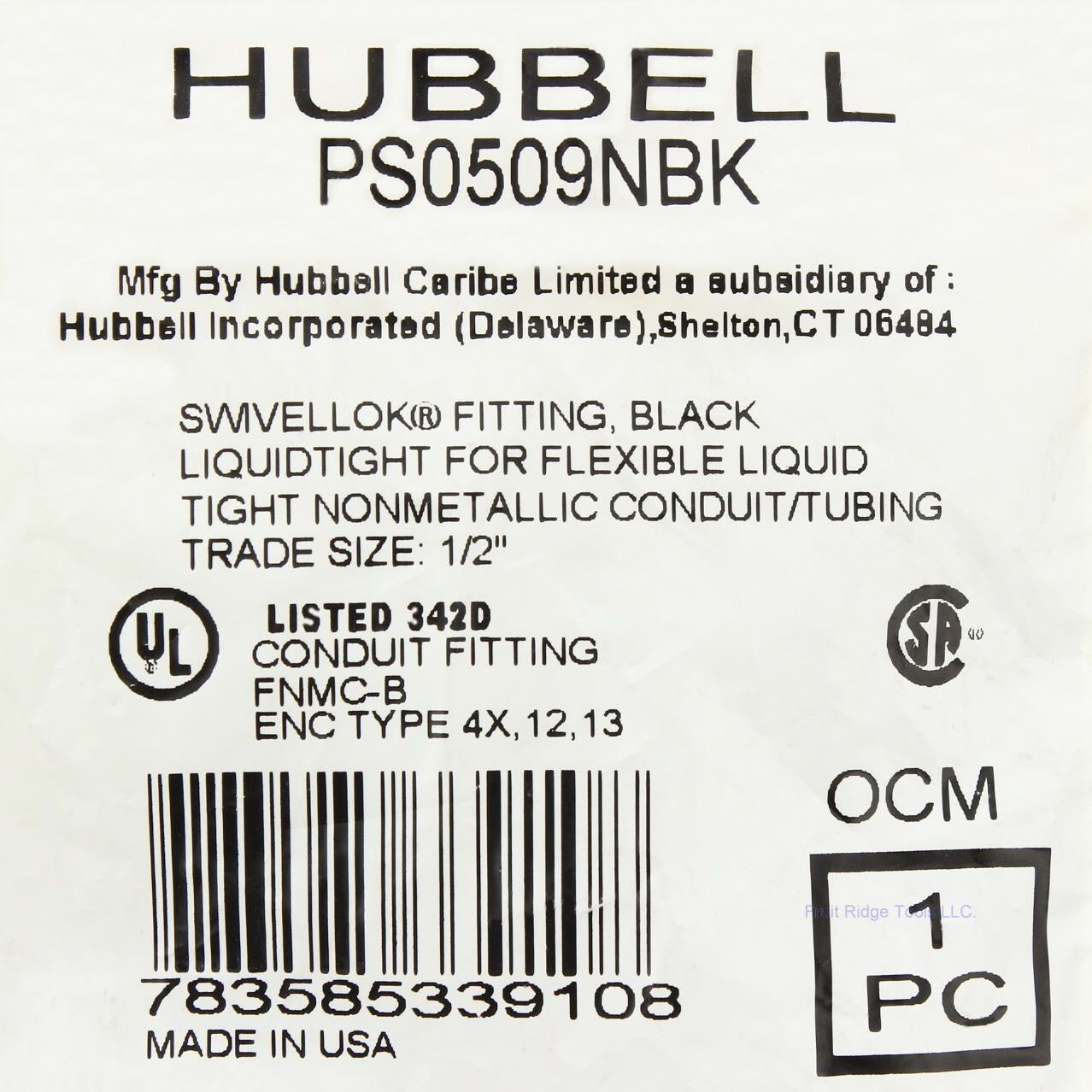 Hubbell 1/2" SwivelLok Liquid Tight Conduit Fitting NM 0-90 Adjustable PS0509NBK