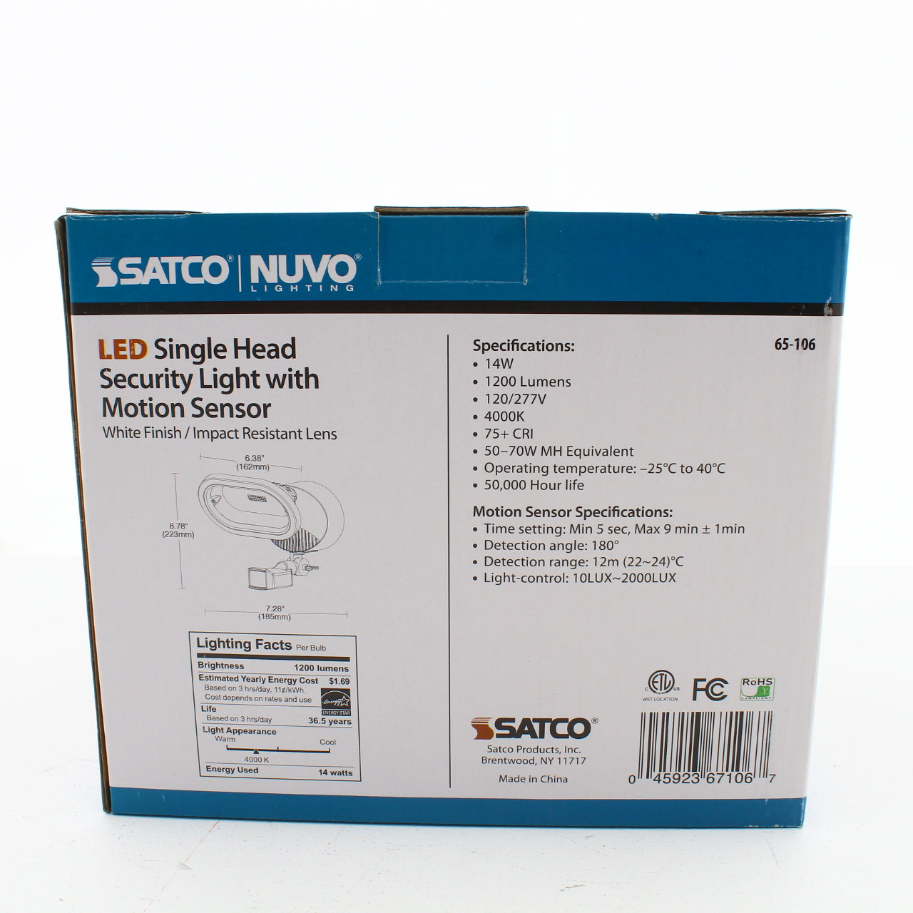 Satco 65-106 LED Single Head Security LT Motion Sensor 4000K White Finish