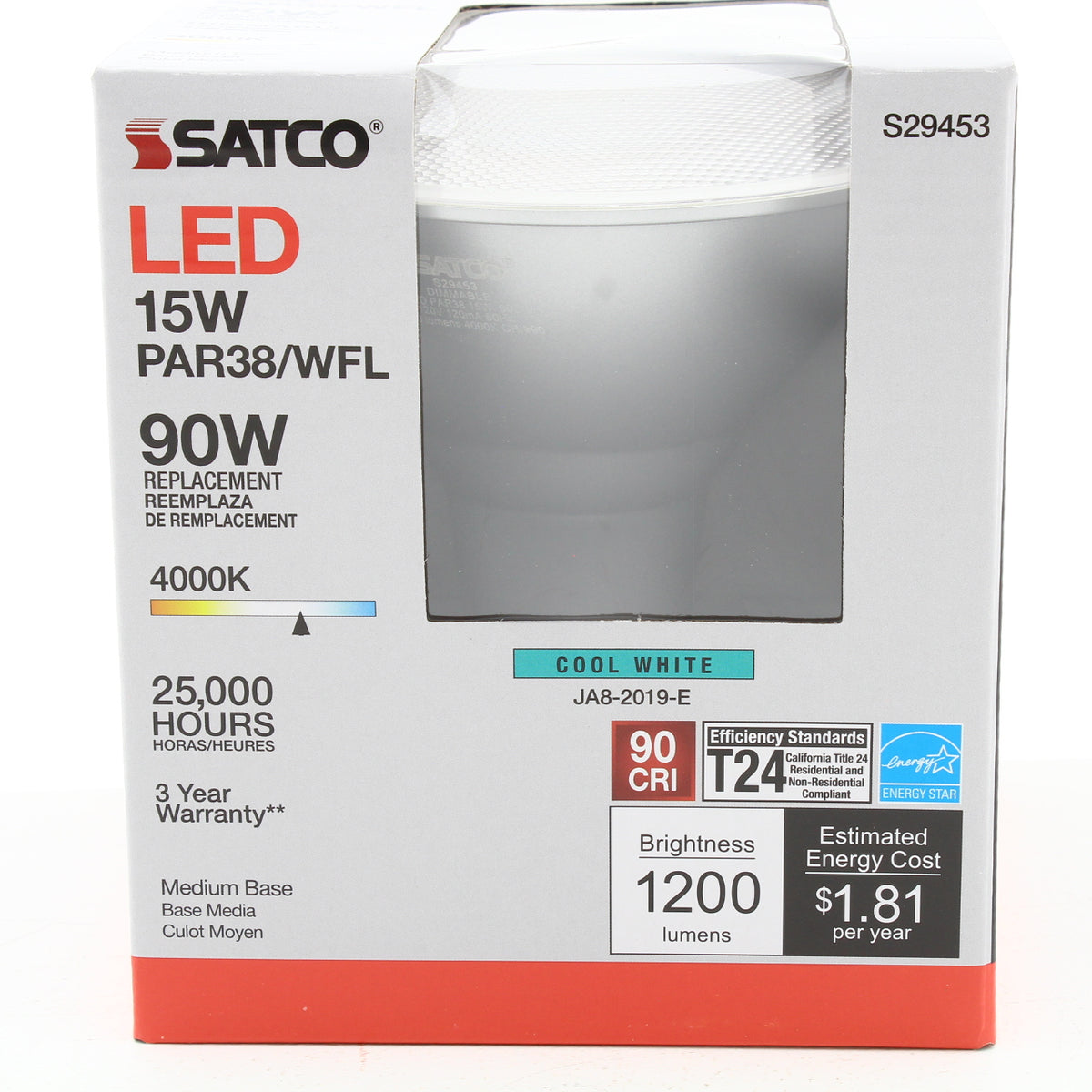 Satco S29453 15 Watt PAR38 LED 4000K 60 Degree Beam Angle Medium Base 120 Volt