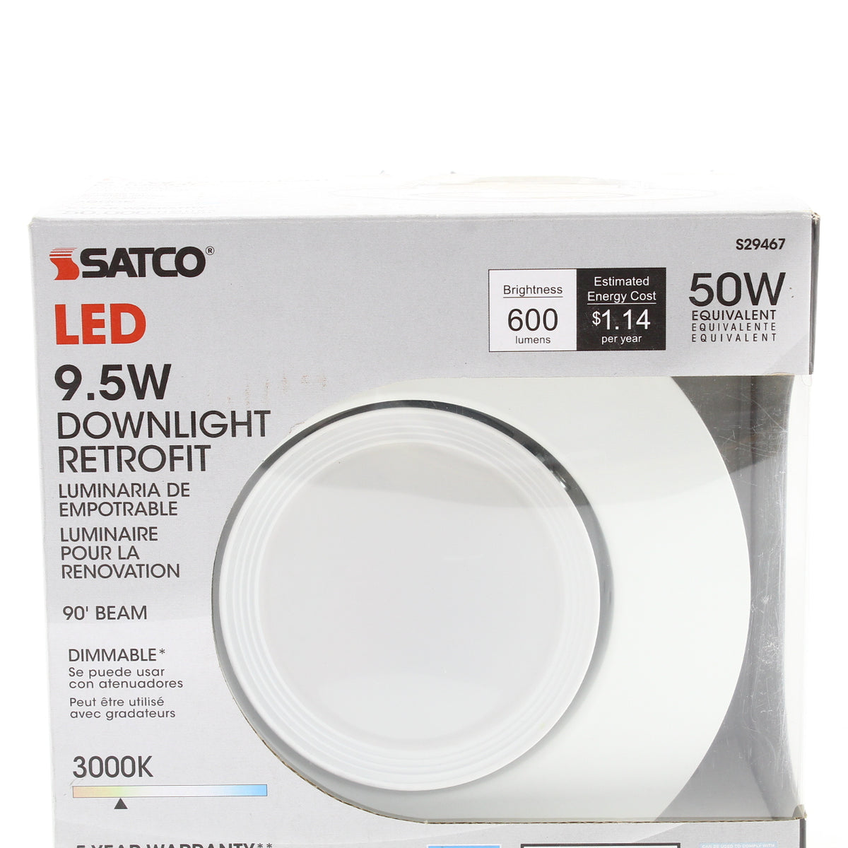 Satco LED 9.5W Downlight Retrofit 600 lumens 50W S29467 Dimmable