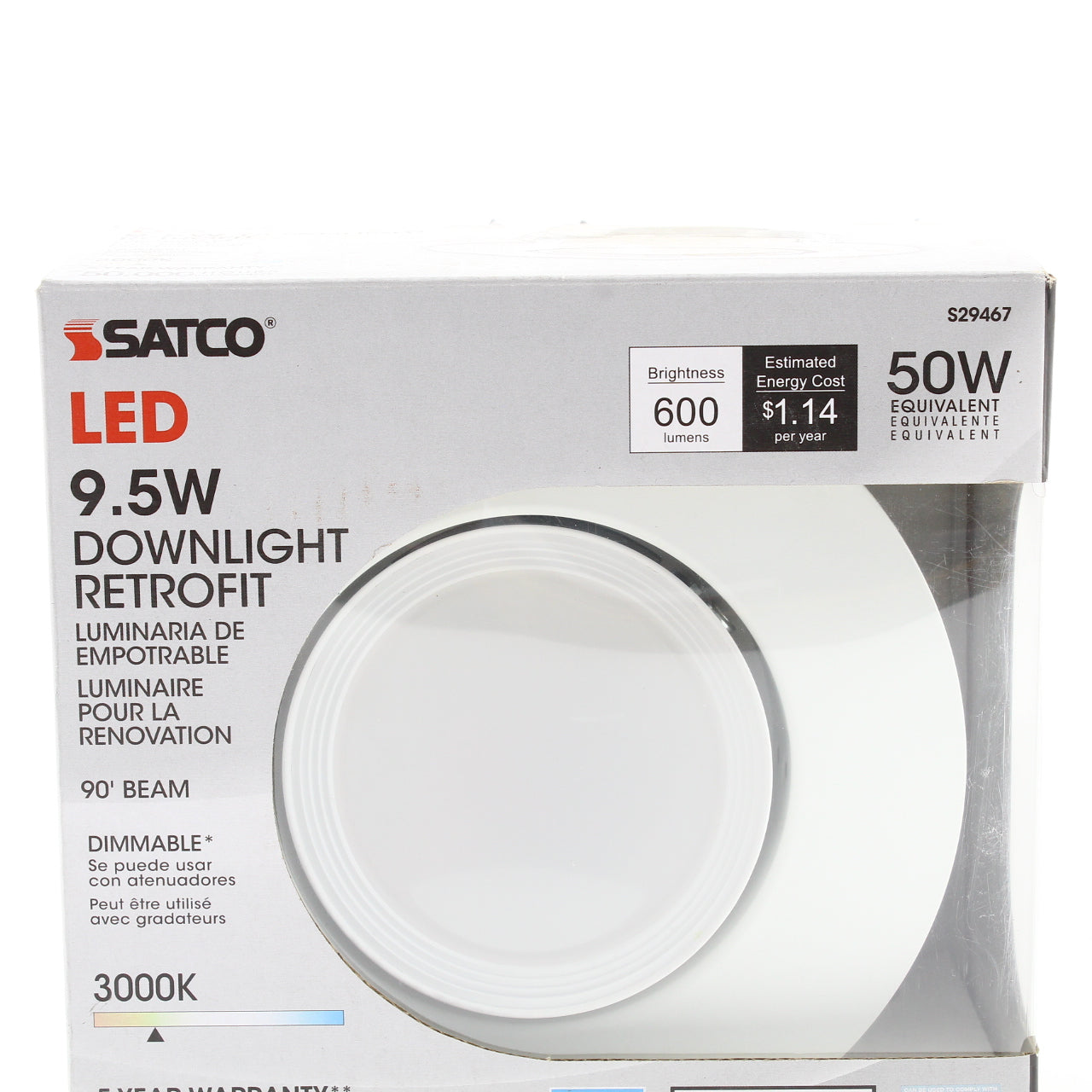Satco LED 9.5W Downlight Retrofit 600 lumens 50W S29467 Dimmable