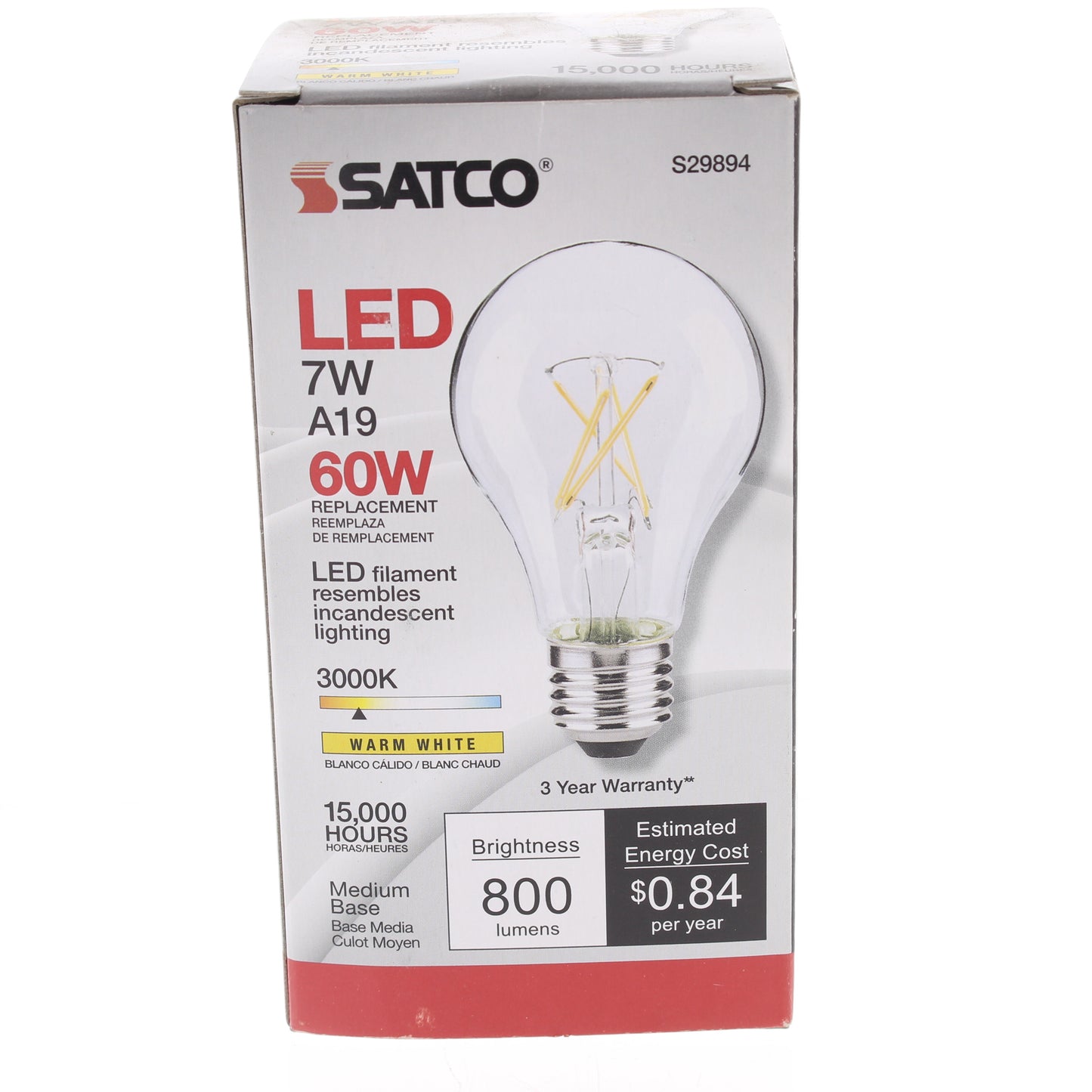 Satco LED 7W A19 60W Replacement Bulb 3000K Medium Base S29894