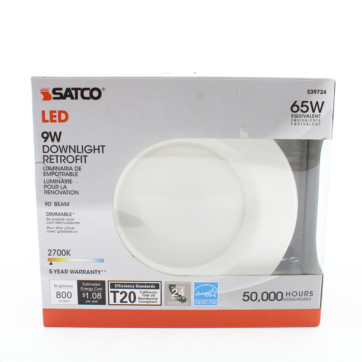 Satco LED 9W Downlight Retrofit 90' Beam Dimmable 2700K 65W S39724