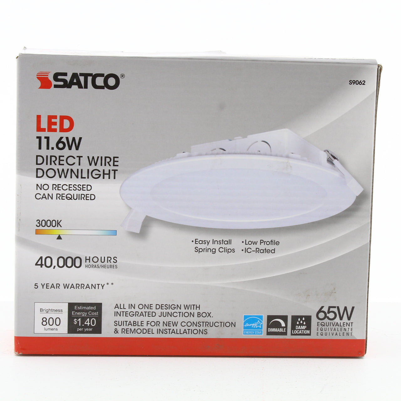 Satco S9062 11.6 W LED Direct Wire Downlight Edge-lit 5-6" 3000K 120V Dimmable