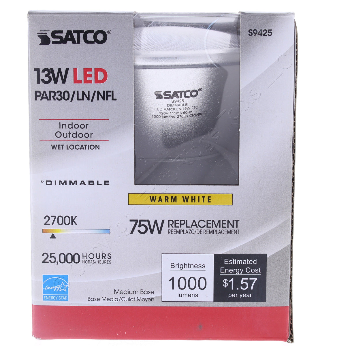 Satco S9425 LED Indoor Outdoor Medium Base 13W 2700K PAR30 Dimmable Light Bulb