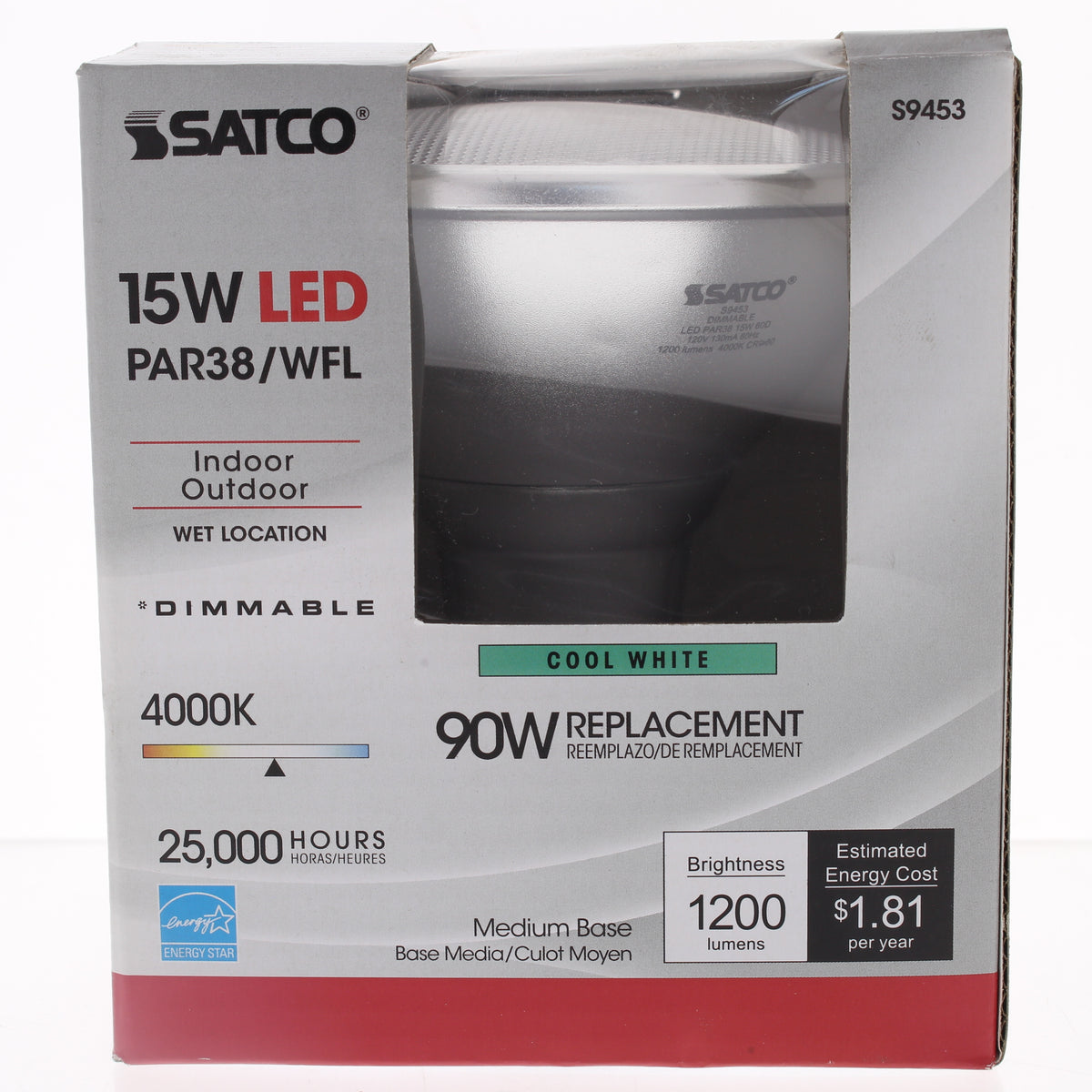 Satco 15W LED PAR 38 Dimmable 4000K Cool White 90W Replacement S9453