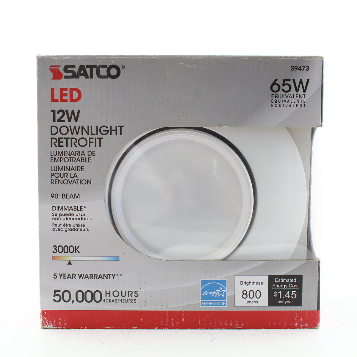 Satco LED 12W Downlight Retrofit 90' Beam Dimmable 3000K 65W S9473