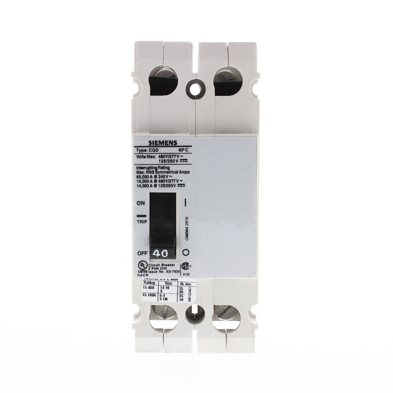 Siemens 40A 2-Pole 480/277V AC 14KAIC Cable In/Cable Out Breaker Bulk CQD240