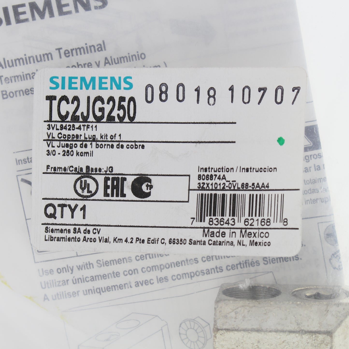 Siemens 2-Barrel 3/0 AWS - 250KCMIL VL Copper Circuit Breaker Lug Kit TC2JG250