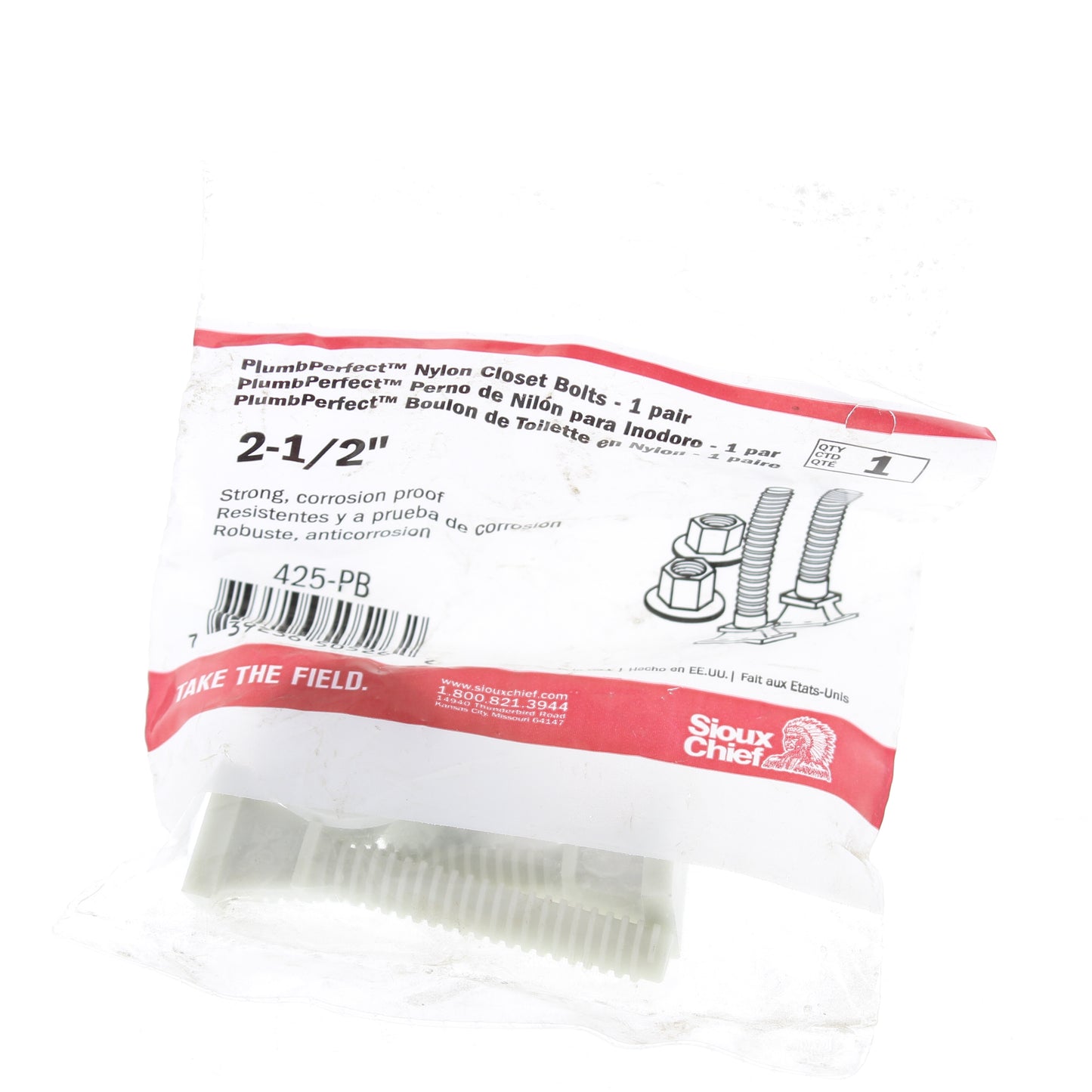 Pair Sioux Plumb Perfect Nylon Closet Bolts 2-1/2" Corrosion Proof 425-PB
