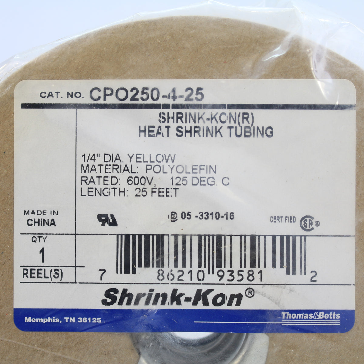 Shrink-Kon 1/4" Dia Yellow Polyolefin 25-Feet Rated 600V 125 Deg C CPO250-4-25