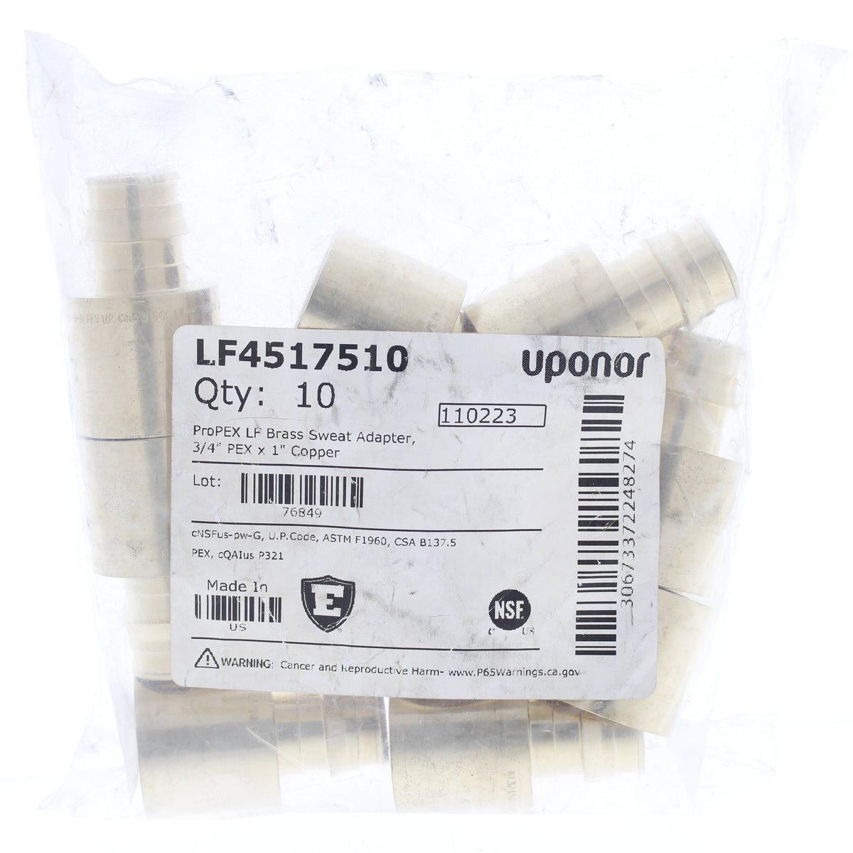 10-pack of Uponor LF4517510 ProPex Lf Brass Sweat Adapters 3/4" PEX x 1" Copper