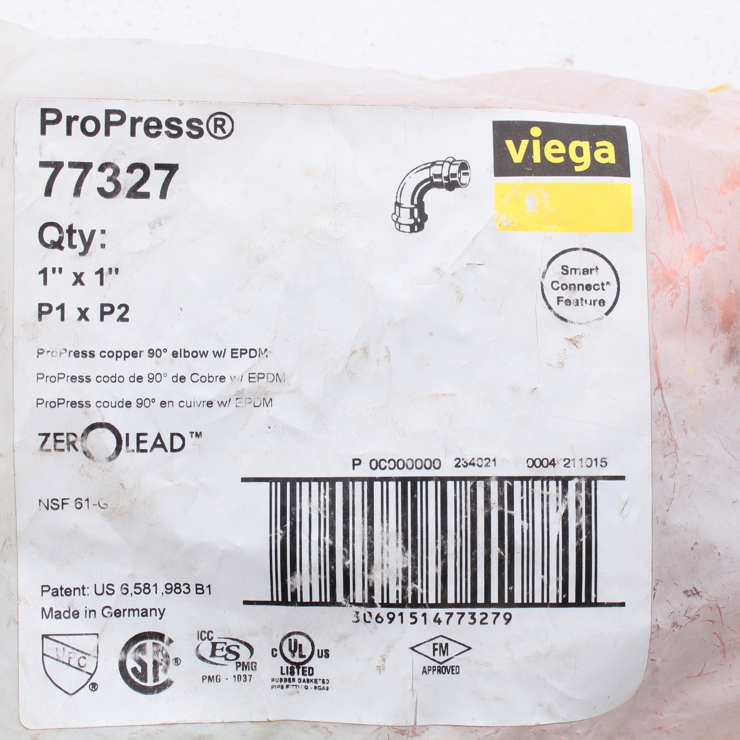 1" Viega Propress 77327 90 Degree Elbow C x C Copper, Shiny Black EPDM Seal