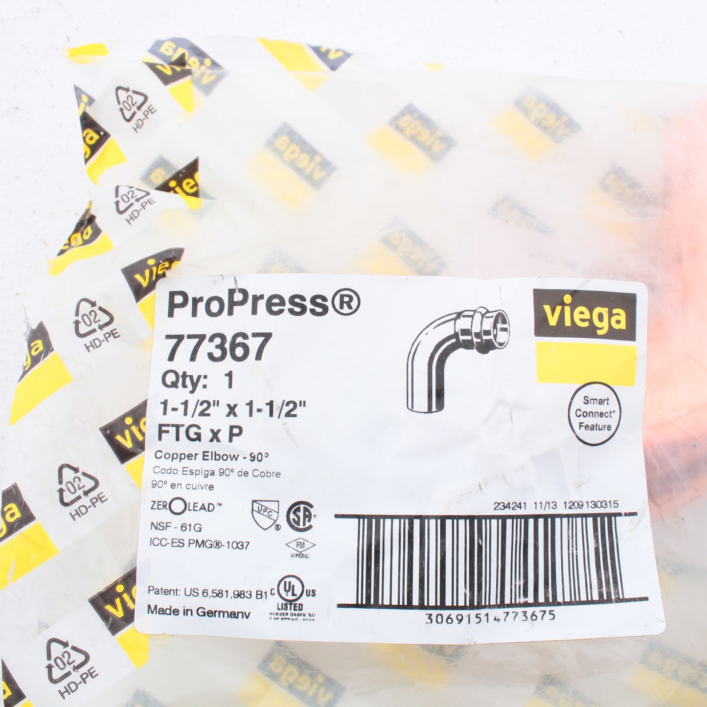 Viega ProPress 1-1/2" x 1-1/2" FTG x P Copper Elbow 90 Degrees 77367