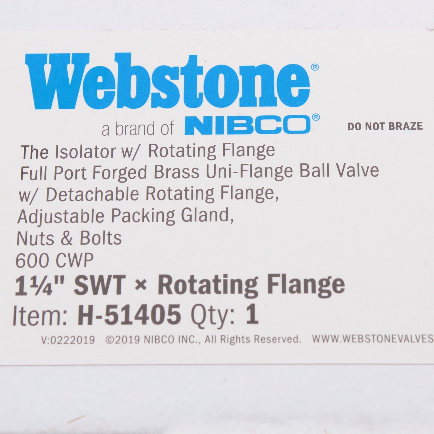 Webstone H-51405 Brass Full Port Forged 1.25" SWT Rotating Uni-Flange Ball Valve