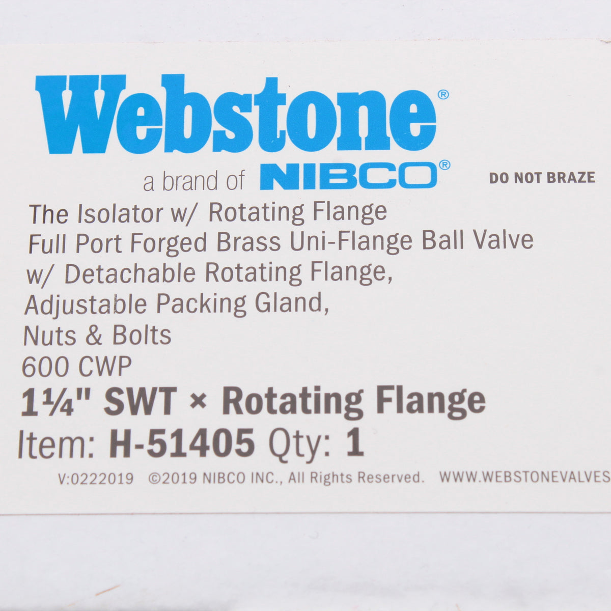 Webstone H-51405 Brass Full Port Forged 1.25" SWT Rotating Uni-Flange Ball Valve
