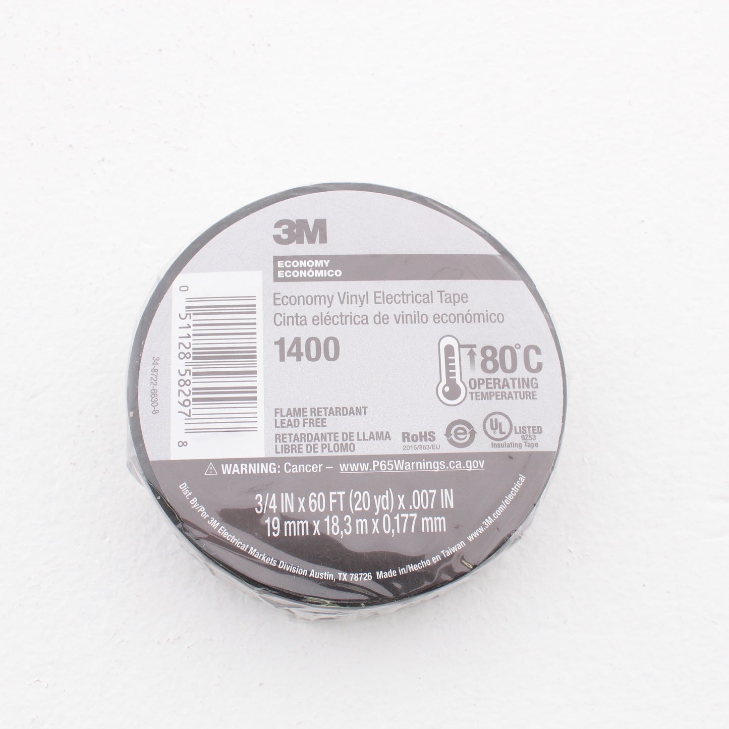 3M Black Vinyl Electrical Tape 1400 Economy 3/4" x 60ft 7mil PVC Backing RoHS