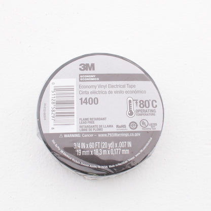 3M Black Vinyl Electrical Tape 1400 Economy 3/4" x 60ft 7mil PVC Backing RoHS