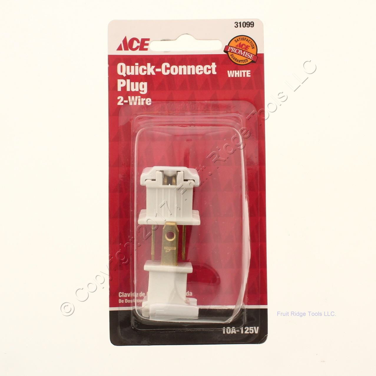 2 Ace 31099 Quick-Connect Straight Blade Plugs 10A 125V 2P2W White Non-Polarized