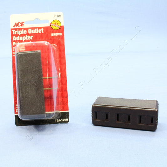 2 Ace Brown 2-Wire Polarized Triple Tap Outlet Receptacle Adapters 15A 31160
