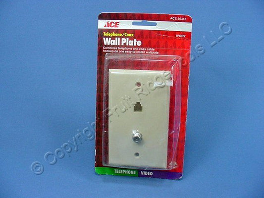 ACE 36313-I Ivory 1-Gang Coax Phone, Plastic Standard Wallplate Cover Box Mount