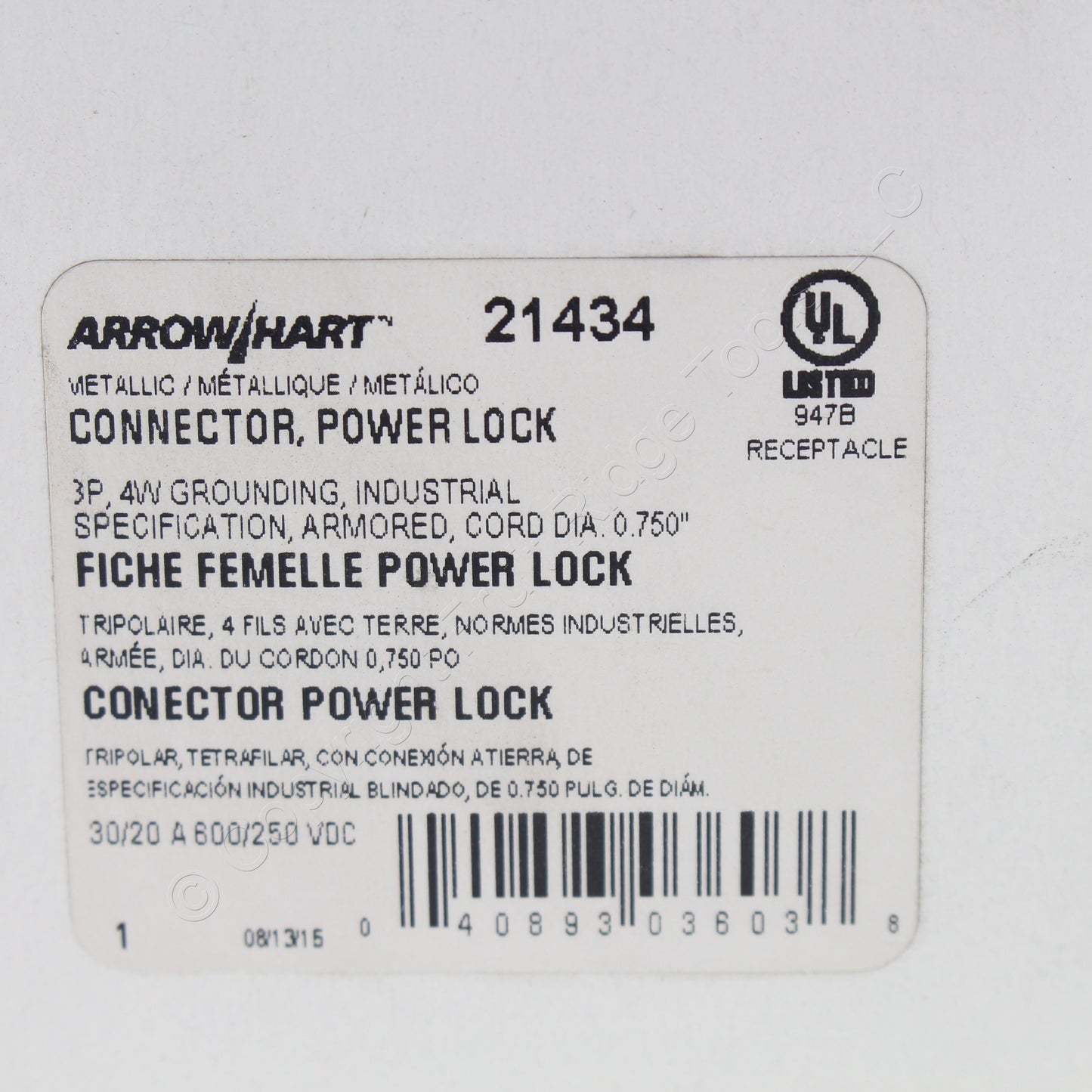 Arrow Hart 21434 Silver Armored Power-Lock Connector 30A/600VAC 20A/250VDC 3P4W