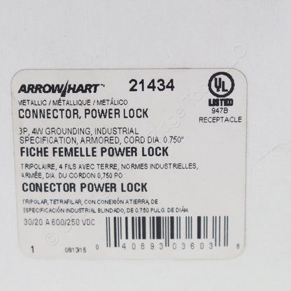 Arrow Hart 21434 Silver Armored Power-Lock Connector 30A/600VAC 20A/250VDC 3P4W