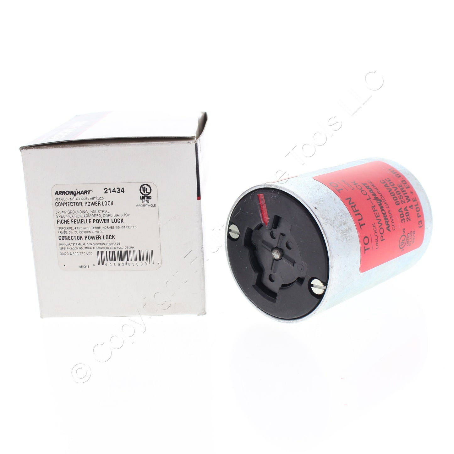 Arrow Hart 21434 Silver Armored Power-Lock Connector 30A/600VAC 20A/250VDC 3P4W