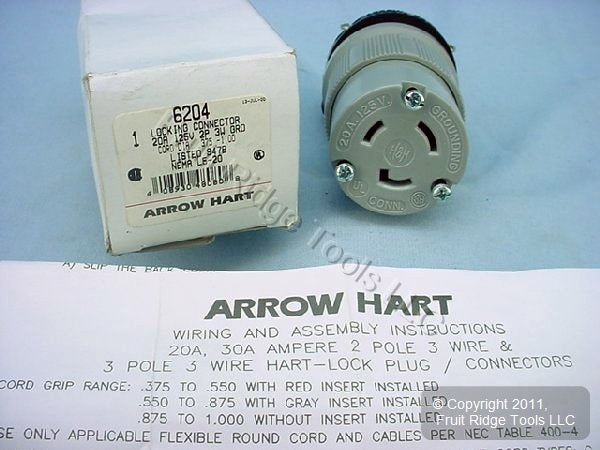 Arrow Hart L5-20 Locking Connector Plug Turn Lock NEMA L5-20R 20A 125V 6204