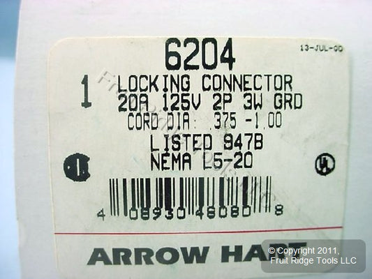 Arrow Hart L5-20 Locking Connector Plug Turn Lock NEMA L5-20R 20A 125V 6204