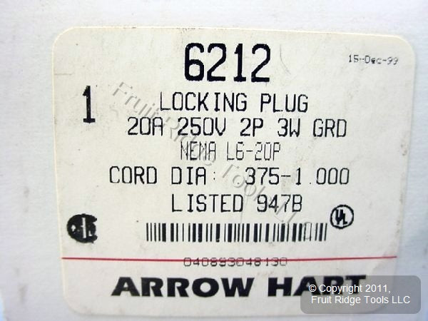Arrow Hart L6-20 Locking Plug Turn Lock NEMA L6-20P 20A 250V 6212