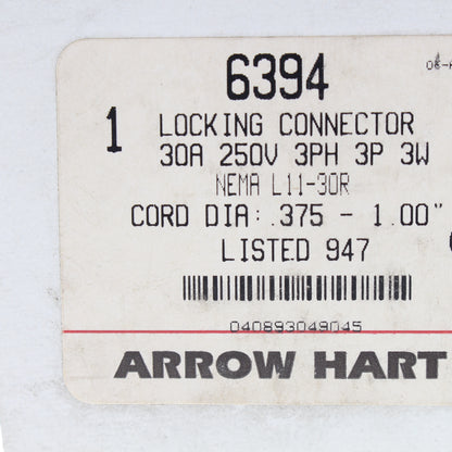 Arrow Hart Lock Twist Turn Locking Plug Connector L11-30R 30A 250V 3� 6394