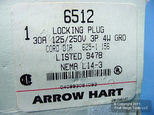 Arrow Hart NEMA L14-30 Locking Plug NEMA 14-30P 30A 125/250V 6512