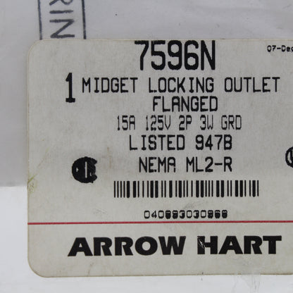 ArrowHart 7596N Black ML2-R Midget Locking Flanged Outlet Plug 15A 125/250V 2P3W
