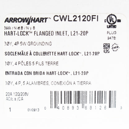 Arrow Hart Industrial Locking Flanged Inlet 20A 120/208V 3�Y CWL2120FI