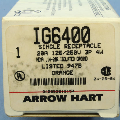 Arrow Hart Isolated Ground Orange Turn Locking Receptacle Nema 14-20R 20A IG6400