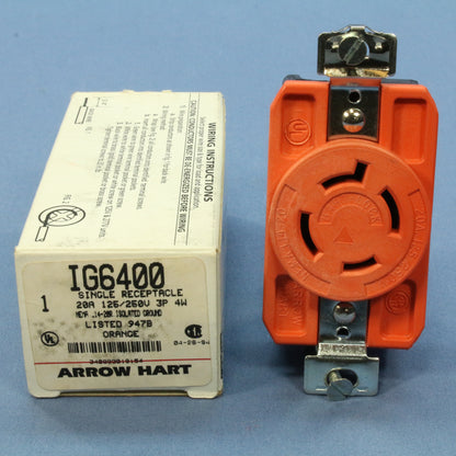 Arrow Hart Isolated Ground Orange Turn Locking Receptacle Nema 14-20R 20A IG6400