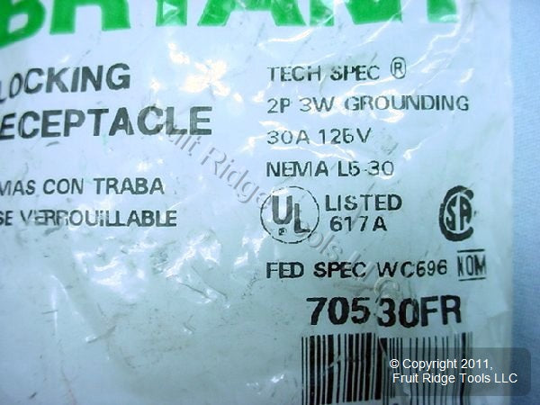 Hubbell Bryant L5-30 Locking Receptacle L5-30R Turn Lock Outlet 30A 125V 70530FR