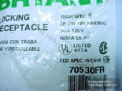 Hubbell Bryant L5-30 Locking Receptacle L5-30R Turn Lock Outlet 30A 125V 70530FR