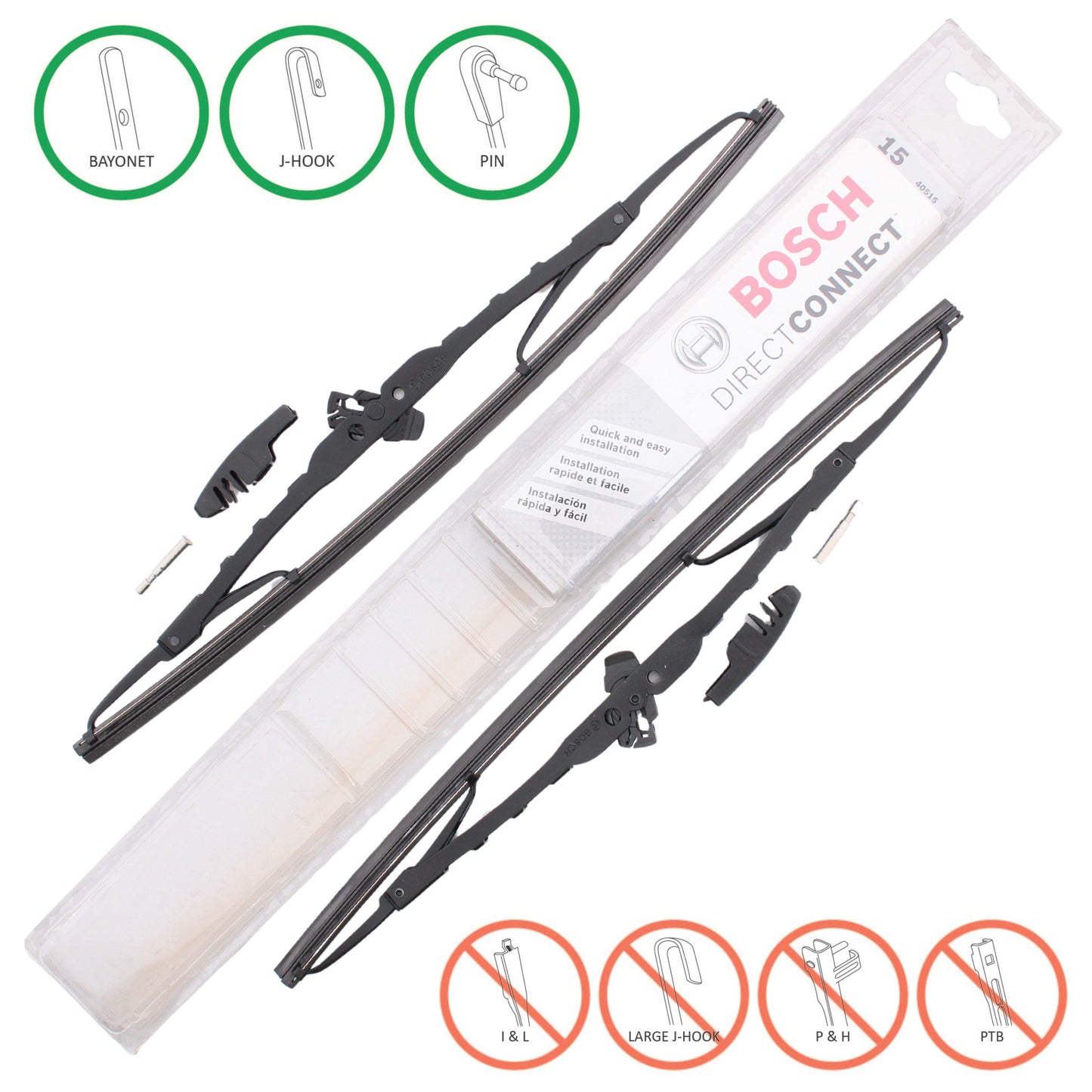 2 Bosch Automotive 40515 Direct Connect Windshield Wiper Blades 15" Conventional