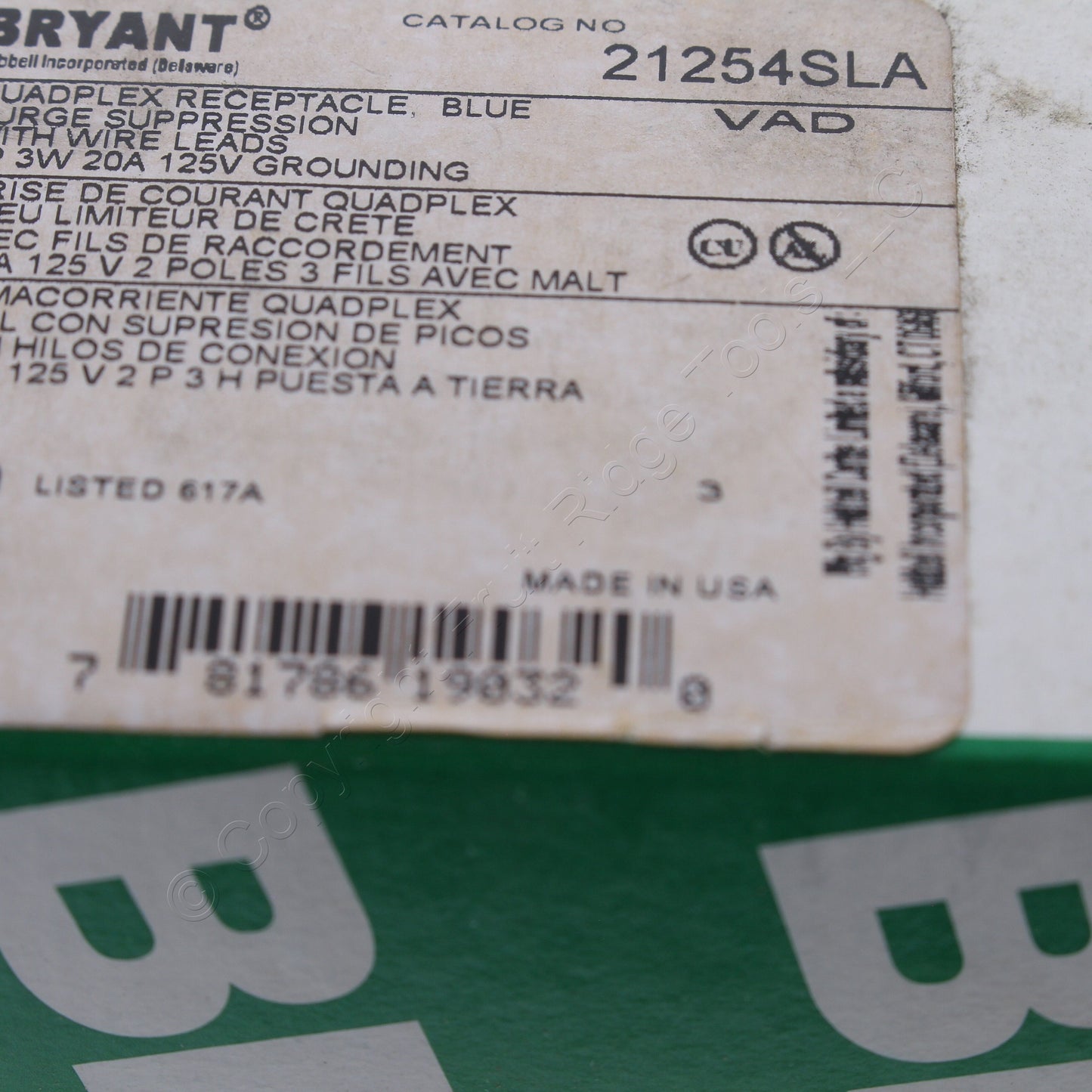 Bryant 21254SLA Blue 20A Quadplex 4-in-1 Receptacle Outlet Adapter Wire Leads