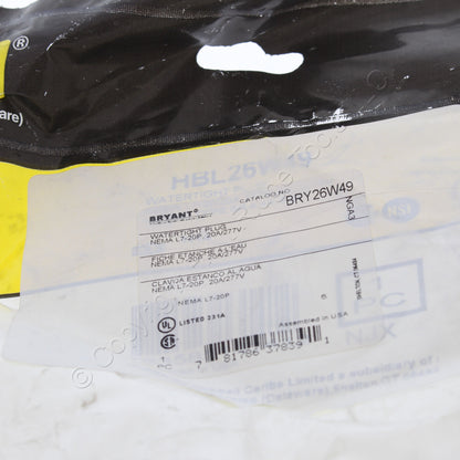 Bryant Watertight Twist Turn Locking Plug Nema L7-20P 20A 277V 26W49