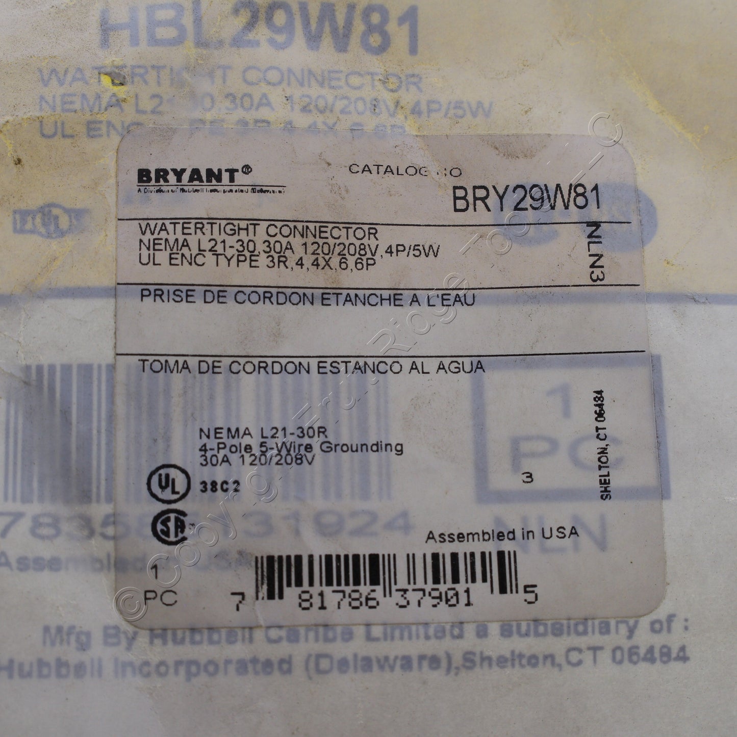 Bryant Watertight Turn Locking Connector Nema L21-30R 30A 120/208V 3�Y 29W81