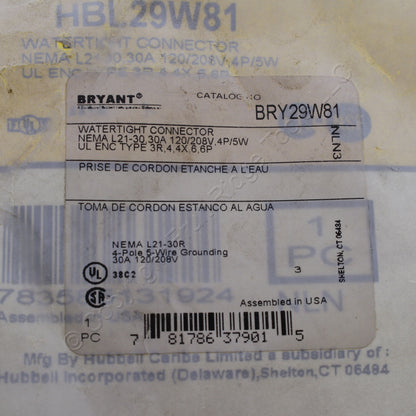 Bryant Watertight Turn Locking Connector Nema L21-30R 30A 120/208V 3�Y 29W81