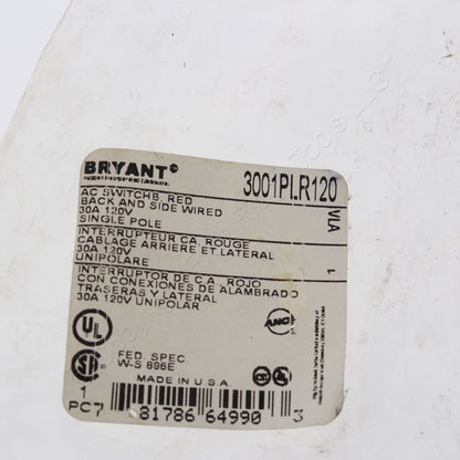 Bryant Red PILOT Light Industrial Toggle Wall AC Switch 30A 120V 3001PLR120