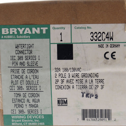 Bryant Watertight Pin & Sleeve Connector Female Plug 32A 100-130V 2P3W 332C4W