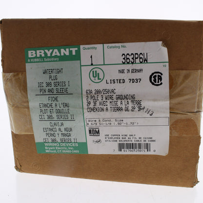 Bryant Watertight IEC 309 Pin & Sleeve Male Plug 63A 200-250V 2P3W 363P6W