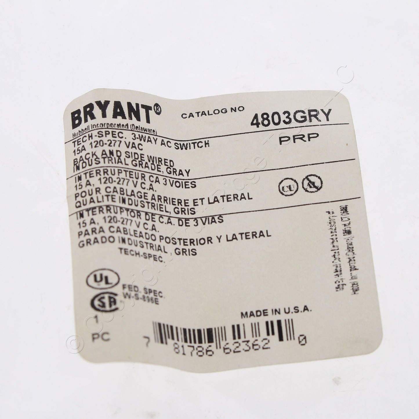 Bryant 4803-GRY Gray Industrial 3-Way Toggle Wall Light Switch 15A 120/277V