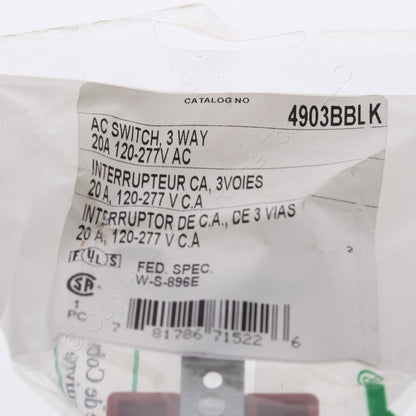 Bryant 4903BBLK Black Toggle Light Switch 3-Way Industrial Grade 20A 120/277V